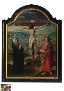 Zentrales Panel des Triptychons mit Kreuzigung und Texten
