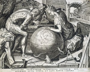 Charaktere, die sich über den Globus beugen mit Kompass (Allegorie der Geometrie) - Gravur, Flandern
