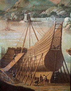 Bau eines Galeonen in einer Werft in Genua (Detail) von Flemish School