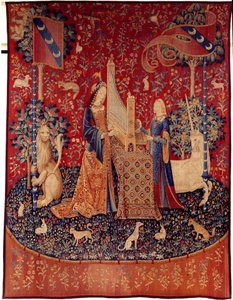 Vorhang der Dame mit dem Einhorn: Das Gehör. Woll- und Seidentapisserie, hergestellt zwischen 1484 und 1500. Aus dem Schloss Boussac, Creuse. Paris, Nationalmuseum des Mittelalters, Thermes de Cluny