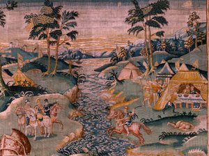 Flämischer Wandteppich. Militärlager am Fluss Granikos. Atelier von Oudenaarde. 17. Jahrhundert.
