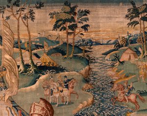 Flämischer Wandteppich. Militärlager am Fluss Granikos. Atelier von Oudenaarde. 17. Jahrhundert.