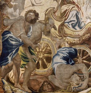 Flämischer Wandteppich. Serie Apotheose der Eucharistie. Triumph der Kirche. Modell Karton kopiert von einem Original von Rubens. Brüsseler Herstellung. Herstellung durch Frans van den Hecke. Mitte des 17. Jahrhunderts. Stoff Seide und Wolle, 7/8 Kette