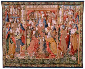 Flämischer Wandteppich. Serie Episoden aus dem Leben der Jungfrau Maria. Die Prophezeiungen erfüllen sich bei der Geburt Christi (Cumplimiento de las profecías en el nacimiento del Hijo de Dios). Erster Wandteppich der Serie. Modelle Jan von Roome (oder va
