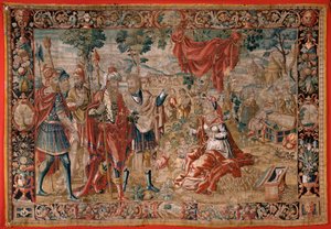 Flämische Tapisserie. Serie Esau und Jakob. Laban sucht nach den gestohlenen Idolen. Zweiter Wandteppich in der Serie. Herstellung Niederlande. Zweite Hälfte des 16. Jahrhunderts. Stoff Wolle. Standort Kirche von Saint Nicholas of Bari.