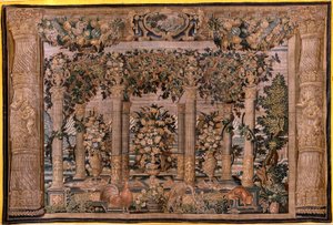 Flämischer Wandteppich. Serie Galerien mit Tieren oder Galerien von Spalieren. Zweiter der Serie. Seide und Wolle. 17. Jahrhundert.