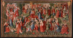 Flämischer Wandteppich. Serie Menschliche Erlösung oder Laster und Tugenden. Laster führen den Menschen zur Sünde. Zweiter Wandteppich der Serie (erster der in Palencia aufbewahrten). Brüsseler Herstellung, Werkstatt. Ca. 1510. Größe 425 x 800 cm. Stoff Wo
