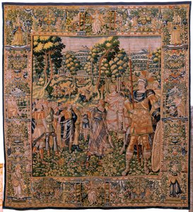 Flämische Tapisserie. Serie Geschichte des Kyros. Astyages erkennt Kyros. Anonym, basierend auf Michiel Coxcie. Atelier Antwerpen. Seide und Wolle. Ca 1590.