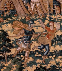 Flämischer Wandteppich. Serie Die Geschichte von Kyros. Nr. V Kampf zwischen zwei Kriegern und der Tod von Kyros. Anonym, basierend auf Michiel Coxcie. Atelier Antwerpen. Ca. 1590
