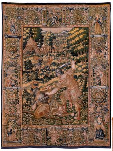Flämischer Wandteppich. Serie Geschichte von Cyrus. Nr. V Kampf zwischen zwei Kriegern und der Tod von Cyrus (Combate de dos guerreros y muerte de Ciro). Anonym, basierend auf Michiel Coxcie. Atelier Antwerpen. Seide und Wolle. Ca 1590.