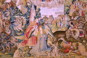 Serie Die Apokalypse: Der heilige Michael besiegt den Drachen. Atelier Willem Dermoyen, Brüssel. Ca. 1553-1555. (Detail) von Flemish School