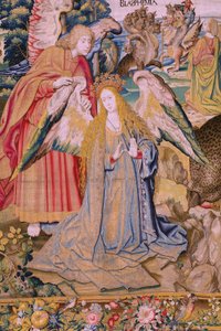 Flämischer Wandteppich. Serie Die Apokalypse: Der heilige Michael besiegt den Drachen. Atelier Willem Dermoyen, Brüssel. Ca. 1553-1555. (Detail)