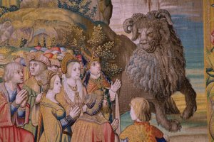Flämischer Wandteppich. Serie Die Apokalypse: Der heilige Michael besiegt den Drachen. Atelier Willem Dermoyen, Brüssel. Ca. 1553-1555. (Detail)
