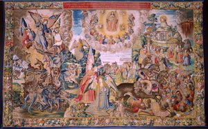 Flämischer Wandteppich. Serie Die Apokalypse: Der heilige Michael besiegt den Drachen. Atelier Willem Dermoyen, Brüssel. Ca. 1553-1555