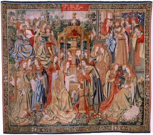 Flämischer Wandteppich. Serie Die Geschichte von David und Bathseba. Bathseba beim Bad. Erstes Panel der Serie. Modell Anonym. Herstellung Unbekannt, Brüssel