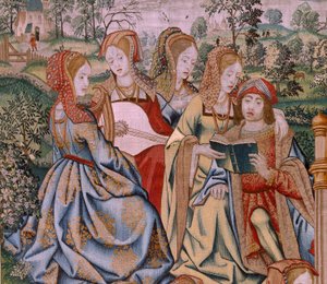 Flemischer Wandteppich. Serie Die Geschichte von David und Bathseba. Bathseba in ihrem Bad. Erstes Panel der Serie. Modell Anonym. Herstellung Unbekannt, Brüssel. von Flemish School