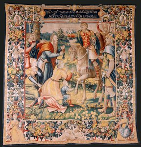 Flämischer Wandteppich. Serie Die Geschichte von Hannibal. Hannibal in Italien. Dritter Wandteppich der erhaltenen. Modelle Anonymer Meister der Niederlande. Brüsseler Herstellung, Werkstatt. Ca 1570. Stoff Wolle und Seide. 6,5/7 Ketten pro cm. Größe von Flemish School