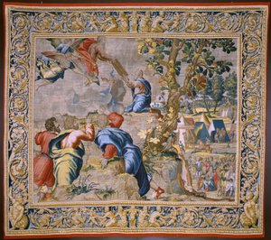 Flämischer Wandteppich. Serie Die Geschichte von Moses. Moses am Berg Sinai. Atelier Joost van Herzele. Ca. 1550