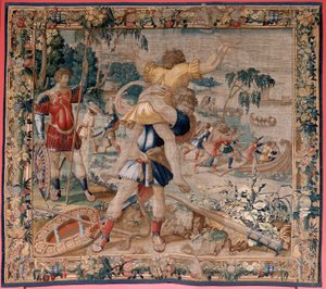 Flämischer Wandteppich. Serie Die Arbeiten des Herkules. Herkules und Antäus. Ca. 1528.