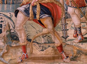 Flämischer Wandteppich. Serie Die Arbeiten des Herkules. Herkules und die Stymphalischen Vögel. Erster Wandteppich der erhaltenen Serie. Modell Unbekannt. Herstellung Willem Dermoyen, Brüssel. Ca. 1528