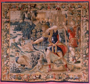 Flämischer Wandteppich. Serie Die Arbeiten des Herkules. Herkules und die Stymphalischen Vögel. Erster Wandteppich der erhaltenen Serie. Modell Unbekannt. Herstellung Willem Dermoyen, Brüssel. Ca. 1528. Stoff Seide und Wolle. von Flemish School