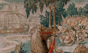 Flandrischer Wandteppich. Serie Die Arbeiten des Herkules. Die Pferde des Diomedes. Dritter Wandteppich in der erhaltenen Serie. Herstellung Willem Dermoyen, Brüssel. Ca. 1528.