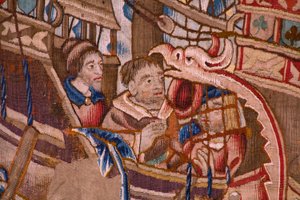 Flämischer Wandteppich. Serie Die Portugiesen in Indien: Die Ankunft in Calicut. Ca. 1510. Sammlung Caixa Geral de Depósitos, Lissabon. (Detail) von Flemish School