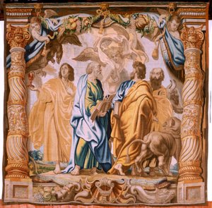 Flämische Tapisserie. Serie Der Triumph der Eucharistie. Die vier Evangelisten. Elfter Wandteppich in der Serie. Modell Peter Paul Rubens. 1626-1628. Herstellung Jan II Raes, Hans Vervoert, Jacques Fobert, Brüssel.