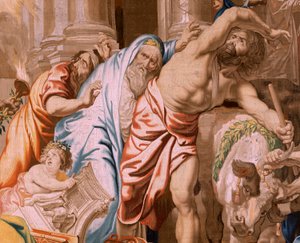Flämischer Wandteppich. Serie Der Triumph der Eucharistie. Sieg der Eucharistie über heidnische Opfer. Vierter Wandteppich der Serie. Modell Peter Paul Rubens. 1626-1628. Herstellung Jan II Raes, Jac