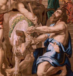 Flämischer Wandteppich. Serie Der Triumph der Eucharistie. Sieg der Eucharistie über heidnische Opfer. Vierter Wandteppich der Serie. Modell Peter Paul Rubens. 1626-1628. Herstellung Jan II Raes, Jac