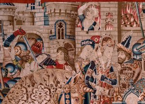 Flämischer Wandteppich. Serie Der Trojanische Krieg. Die Zerstörung von Troja. Elfter Wandteppich der Serie. Modell Coëtivy-Meister (Henry oder Conrard de Vulcop). Herstellung Tournai-Werkstätten. Ca 1470. Stoff Wolle und Seide, 6/7 Ketten pro cm.
