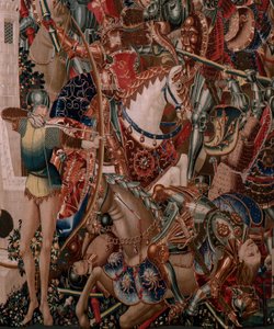 Flämischer Wandteppich. Serie Unbekannt. Römische Geschichte? Tarquinius Priscus. Herstellung Brüsseler Werkstätten?. Ca. 1475. Stoff Wolle und Seide, 6 Kettfäden pro cm. Herkunft Eine Spende von Graf Alba de Aliste, sie kam 1608 in die Kathedrale. Standor