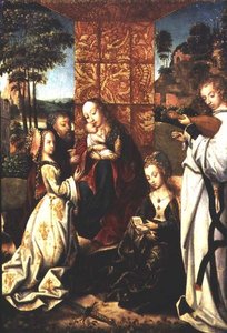 Madonna mit Kind, St. Katharina, ein Engel und andere Figuren