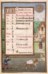 Ms 1058-1975 f10r Pflügen mit zwei Pferden, illuminierte Kalenderseite für Oktober, aus einem Stundenbuch, ca. 1500