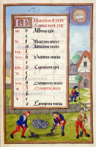 Ms 1058-1975 f3r Graben und Bäume pflanzen, illuminierte Kalenderseite für März, aus einem Stundenbuch, ca. 1500