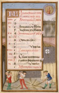 Ms 1058-1975 f8r Korn dreschen in der Scheune, illuminierte Kalenderseite für August, aus einem Stundenbuch, ca. 1500
