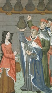 Frau mit Korb bringt Urinalis Magnus, aus De Medina Fen I. II, von Avicenna (980-1037)
