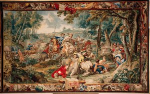 Palast (Schlossanlage Schleißheim). Flämischer Wandteppich. Brüsseler Atelier Judocus De Vos. Design Lambert De Hondt. Hinterhalt. Ca. 1715 - 1724. von Flemish School