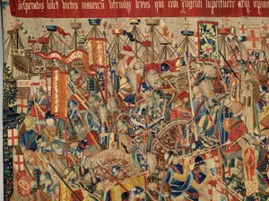 Pfarrmuseum der Wandteppiche (Museo Parroquial de Tapices de Pastrana). Flemischer Wandteppich. Eroberung von Arcila. Serie Eroberungen von König Alfons I. von Portugal. Tournai.
