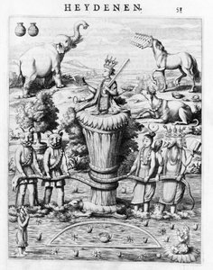 Samudramathana, mit der Teilnahme von Deva (Surya, Shiva, Vishnu, Brahma) mit Dämonen und Reittieren. Nach Baldaeus Philippus Afgoderye der oost-indische Heydenen. Amsterdam 1672 von Flemish School