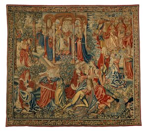 Wandteppich, Eine moralische Allegorie des Menschen oder Gerechtigkeit, die den Menschen angreift, hergestellt in Flandern, Belgien, um 1500
