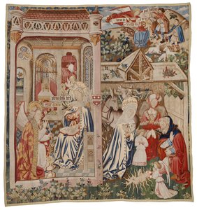 Wandteppich, der die Verkündigung und die Geburt Christi darstellt, Tournai (Wolle)