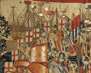 Wandteppich, der die Eroberungen von König Alfons V. von Portugal zeigt, Tournai. Detail.