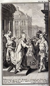 Telemach kommt im Haus von Eumaios an, erkennt seinen Vater mit Hilfe von Athene, die in der Gestalt einer schönen Frau erscheint. Illustration für Buch XVI der Odyssee von Homer, veröffentlicht in Amsterdam 1731, Privatsammlung Mailand