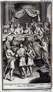Telemach wird in Lakedaimon im Palast von Menelaos mit Pisistratos empfangen. Illustration für Buch IV der Odyssee von Homer, veröffentlicht in Amsterdam 1731, Mailand