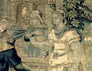 Die Töchter Jethros berichten ihrem Vater von ihrer Begegnung mit Moses (Detail)