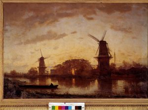 Die Ufer des Amstel-Flusses mit Mühlen in den Niederlanden