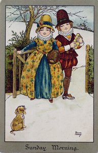 Sonntagmorgen, viktorianische Karte (Farblithographie) von Florence Hardy