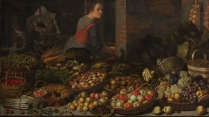 Stillleben mit Obst und Gemüse, mit Christus in Emmaus im Hintergrund