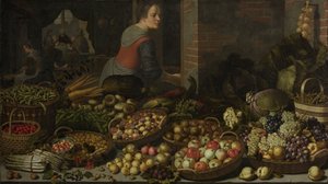 Stillleben mit Obst und Gemüse, mit Christus in Emmaus im Hintergrund, ca. 1630